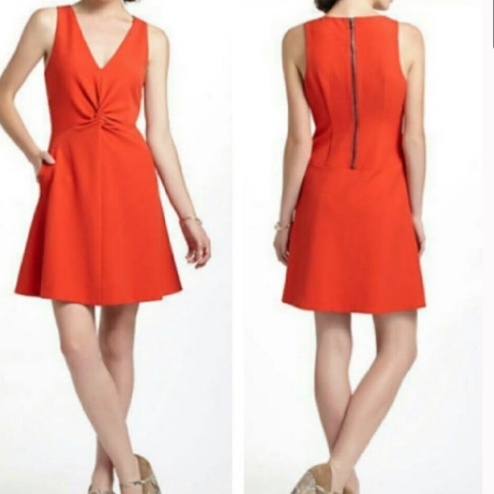 Anthropologie Leifsdottir Orange Fit and Flare
Dress Front Pockets Knot